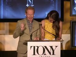 SPEECH - Jesse Tyler Ferguson and Sutton Foster end the announcements by congratulating all the nominees and encouraging the audience to watch the awards on June 9th  Stock Footage