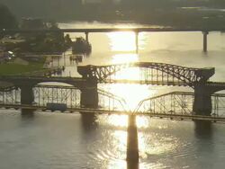 WS AERIAL View of three bridges crossing Tennessee River / Chattanooga, Tennessee, United States Stock Footage