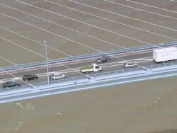 MS AERIAL ZO Shot of traffic at Saint Nazaire Bridge / Pais de la Loire, France Stock Footage