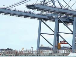 Industrial port with containers ship in the harbor Stock Footage