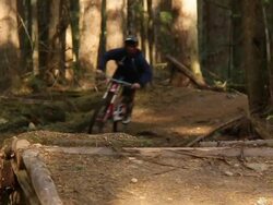 A young man mountain biking on a singletrack wooded trail. - Slow Motion Stock Footage