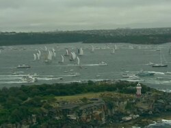 Racing boats including Brokenwood, the 54ft yacht sailed by Sailors with Disabilities in the 2009 Sydney to Hobart Yacht Race. Skippered by David Pescud, Sydney, Australia Stock Footage