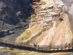 MS AERIAL Shot of people roaming at Mammoth Springs / Wyoming, United States Stock Footage