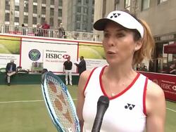 INTERVIEW: Monica Seles on what today is about, on how they recreated Wimbledon with all of the special details Stock Footage