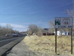 Route 66 road sign near Seligman, Arizona, Arizona, United States Stock Footage