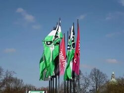 Mid shot of club flag with club crest at the front Stock Footage