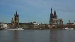 Rhine River, Old Town with Cathedral, Gross St. Martin's Church and Rhine River, Cologne, North Rhine-Westphalia, Germany Stock Footage