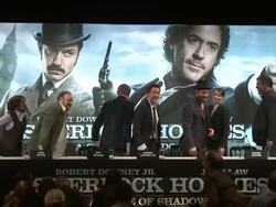 Joel Silver, Guy Ritchie, Robert Downey Jr, Jude Law, Noomi Rapace, Lionel Wigram at the Sherlock Holmes Game of Shadows press conference at One Mayfair on 12th December 2011 in London, UK Stock Footage