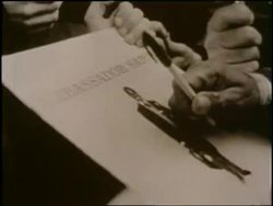 Italian jazz musicians play upright bass and drums while Louis and Lil Armstrong walk through a crowd and sign autographs. News Clip