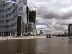 WS T/L View of river with new city complex and high buildings of Stalin's era / Moscow, Russia Stock Footage