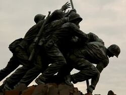 A close-up static shot of the Marine Corps War Memorial on a breezy day at morning. Stock Footage