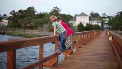 Excited young boys on dock hoist crab-trap and toss it into the river Stock Footage