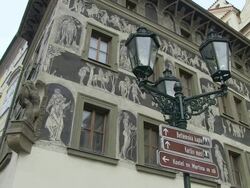 MS View of tourist signs hang on street lamp / Prague, Hlavni mesto Praha, Czech Republic Stock Footage
