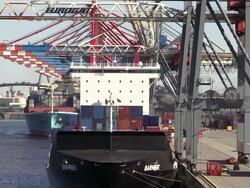 MS Shot of unloading containers in container ship on container terminal with trolley in harbour / Hamburg, Germany Stock Footage