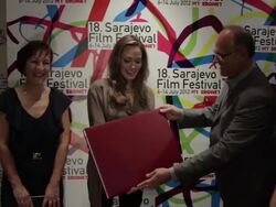 EVENT CAPSULE CLEAN: Angelina Jolie Receives the Honorary Citizen of Sarajevo Award at Sarajevo Film Festival Talent Campus on July 07, 2012 in Sarajevo, Bosnia and Herzegovina (Footage by WireImage Video/Getty Images) Stock Footage