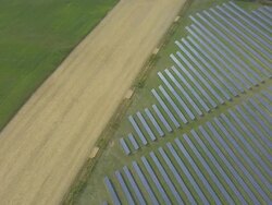 Solar Field Aerial Flyover Shot Stock Footage