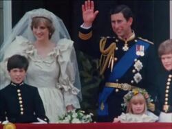 HRH Prince of Wales and Princess Diana on the balcony of Buckingham Palace on their wedding day, London, England. July 1981 Stock Footage