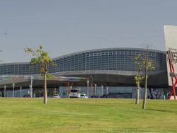 MS PAN the Palacio de Ferias y Congresos (convention center) / Malaga, Andalusia, Spain Stock Footage