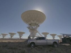 WS View of satellite dishes and  moving truck / San Augustine, New Mexico, USA  Stock Footage