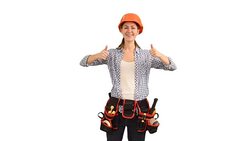 beautiful young girl builder shows a copy space Stock Footage