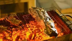two crap and rolled fish on barbecue at night Stock Footage