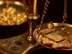 MS PAN View of gold weight scale with gold ingots / Hanau, Hesse, Germany Stock Footage