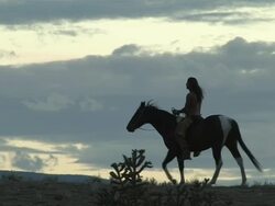 MS PAN American Indian Man Riding horse in New Mexico Desert under Brilant Sky / Santa Fe, New Mexico, United States Stock Footage