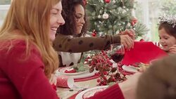 Family and friends enjoying Christmas dinner and wine at table Stock Footage