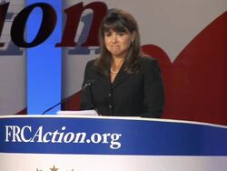  MS New Republican Senate candidate Christine O'Donnell giving speech on stage at Values Voters Summit Audio / Washington, DC, United States Stock Footage