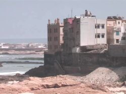 MS PAN View of buildings near coastal line / Essaouira, Morocco Stock Footage
