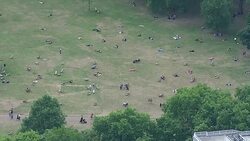 Aerial shots, people sunbathing in Hyde Park News Clip