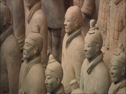 Terracotta Army, facing left, side view, Museum of Qin, Xian, China Stock Footage