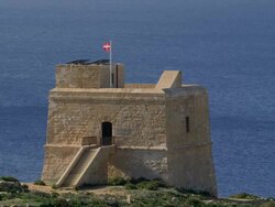 DWEJRA TOWER AND MEDITERRANEAN SEA Stock Footage