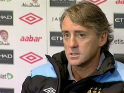 Man City manager Roberto Mancini previews Chelsea Stock Footage