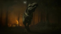 Dinosaurs flee a forest fire in a computer generated animation. Stock Footage