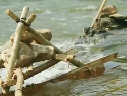 MS SLO MO Shot of barrage in river made of wood and stones / Muang Ngoi, Luang Prabang, Laos Stock Footage