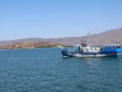 Sevan lake, ship sailing in the lake Stock Footage