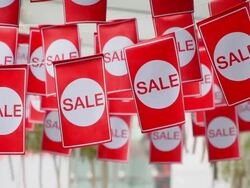 Red hanging sale labels Stock Footage
