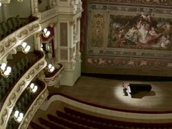 MS TD Shot of Grand piano on stage in front of empty auditorium at Semperopera / Dresden, Saxony, Germany Stock Footage