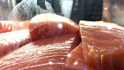 Salmon and sashimi raw food in Bangkok restaurant , Thailand Stock Footage