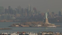 'WS AERIAL View of statue of liberty / New York City, United States' Stock Footage