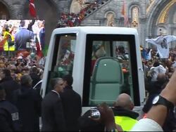 Pope Benedict XVI at Bernadette Jubilee way in Lourdes, vox pops News Clip