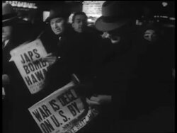 B/W Dec. 7 1941 men reading newspapers 'War is Declared on U.S. by Japs' / newsreel Stock Footage