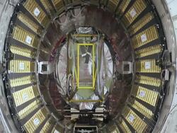 Construction of the Compact Muon Solenoid (CMS), one of the particle detectors at the Large Hadron Collider (LHC) at CERN, the European particle physics research facility Stock Footage