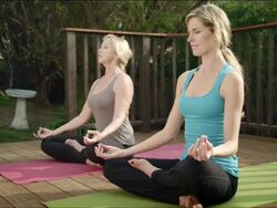 WS ZI ZO Two women practicing  yoga on garden deck / Los Angeles, CA, United States Stock Footage