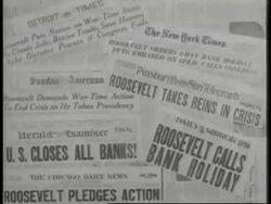 Newspaper headlines read, President Roosevelt calls bank holiday. News Clip
