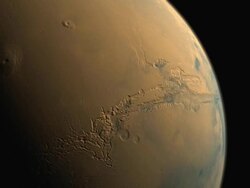 Planet Mars Valles Marineris canyons to Olympus Mons volcano Stock Footage