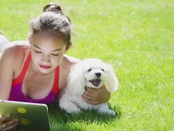 Young girl and pet using tablet Stock Footage