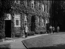 1951: HARVARD UNIVERSITY CAMPUS: Male students walking through building archway, WS Men walking sidewalk by Ivy covered building, HA WS People walking sidewalks in Harvard Yard, men walking by more ivy covered wall, walls of buildings. Ivy League. Instructional Video