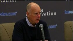 California Governor Jerry Brown urges residents to conserve water as a serious drought plagues that state. He says people shouldn't flush more than necessary or shower too long, and to turn off the water while shaving or brushing teeth. (Jan. 30) News Clip